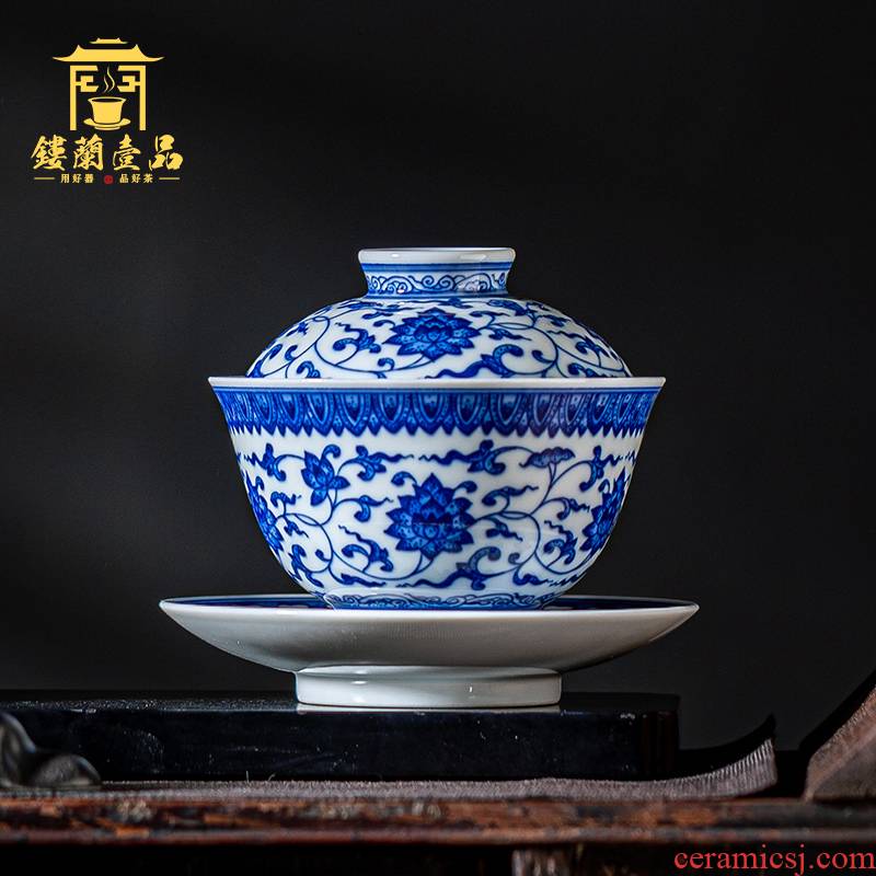 Jingdezhen ceramic blue tie up branch lotus home hand - made all three to a single tea tureen large tea cups of tea