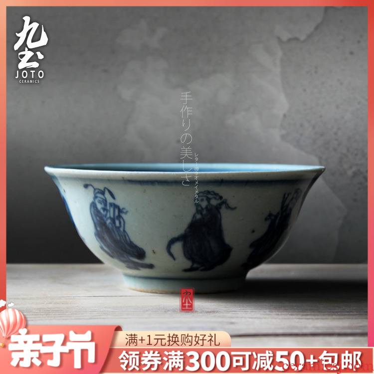 About Nine soil of jingdezhen blue and white bowl ceramic zen characters do old manual painting style of the ancients BaXianCha bowl of rice bowl