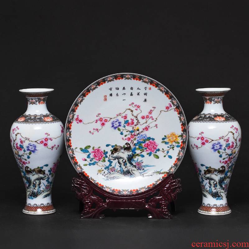 Jingdezhen ceramics powder enamel vase three - piece furnishing articles of Chinese style living room TV cabinet rich ancient frame craft ornaments