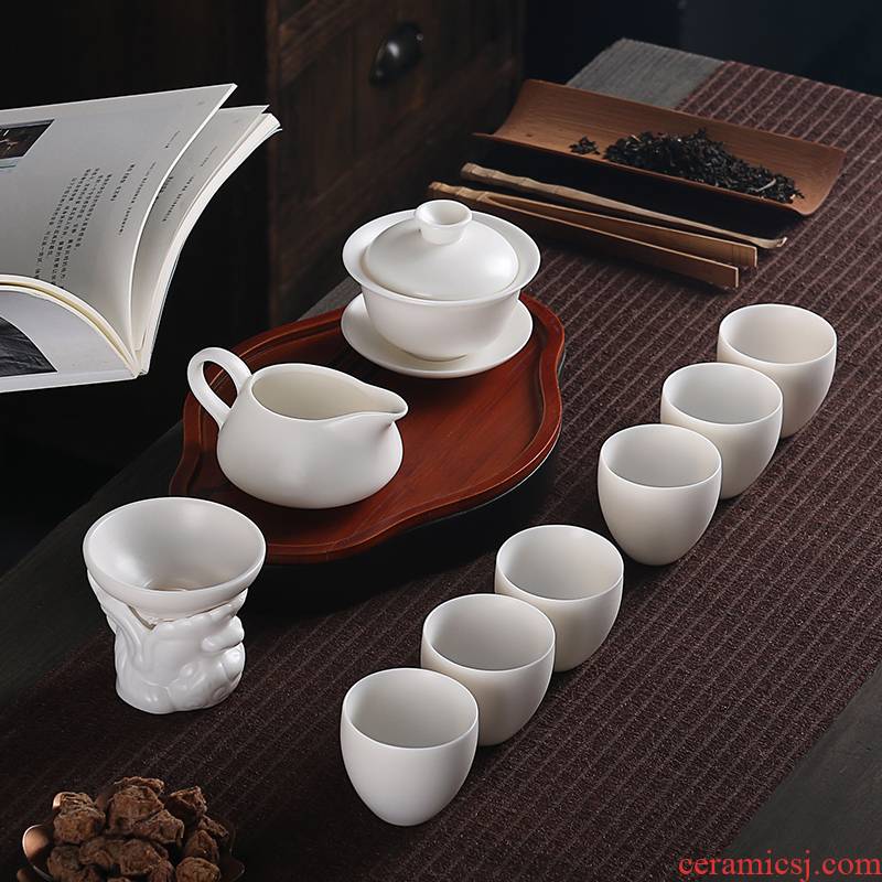 Really high sheng dehua white porcelain kung fu tea set suit contracted from lard suet jade ceramic teapot cup of office
