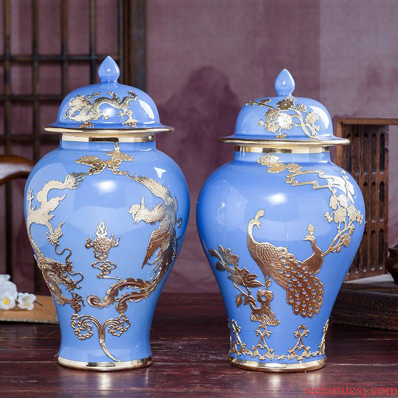 Jingdezhen ceramics tracing an inset jades general pot vase archaize sitting room of Chinese style household adornment handicraft furnishing articles