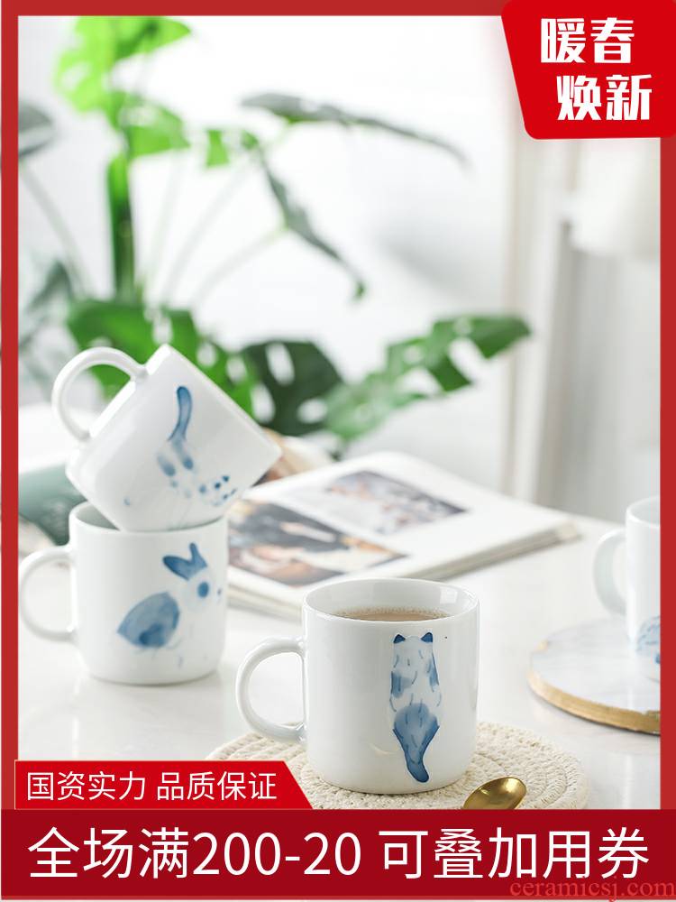 TaoXiChuan hand - made blue - and - white cat mark cup express ideas of jingdezhen ceramic coffee cup lovers gift cup