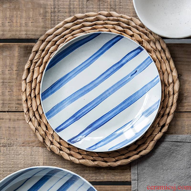 Lototo household ceramic flat dish dish dish beefsteak salad plate creative hand - made stripe plate breakfast tray