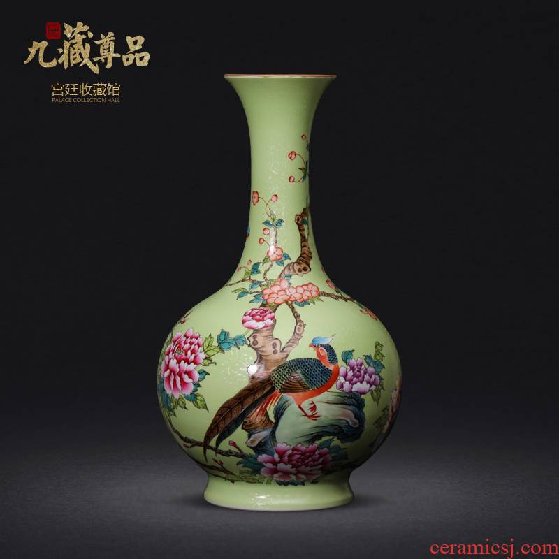 Jingdezhen ceramics powder enamel pick flowers golden pheasant grain bottle vase home decoration technology sitting room place collection