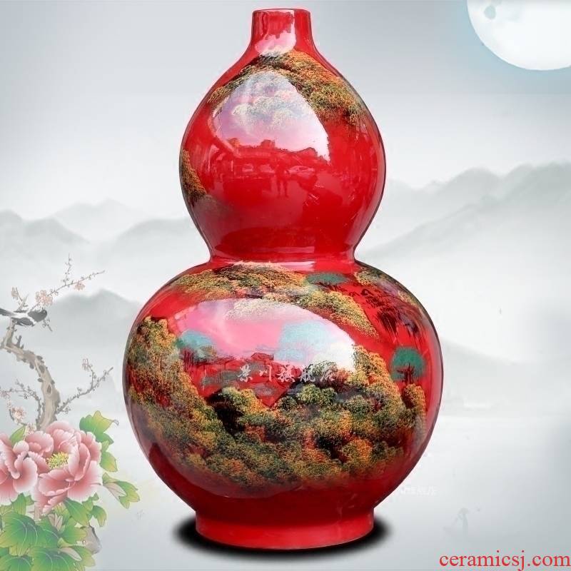 Jingdezhen ceramic hand - made landscape painting Chinese red vase sitting room office mesa study gourd place adorn article