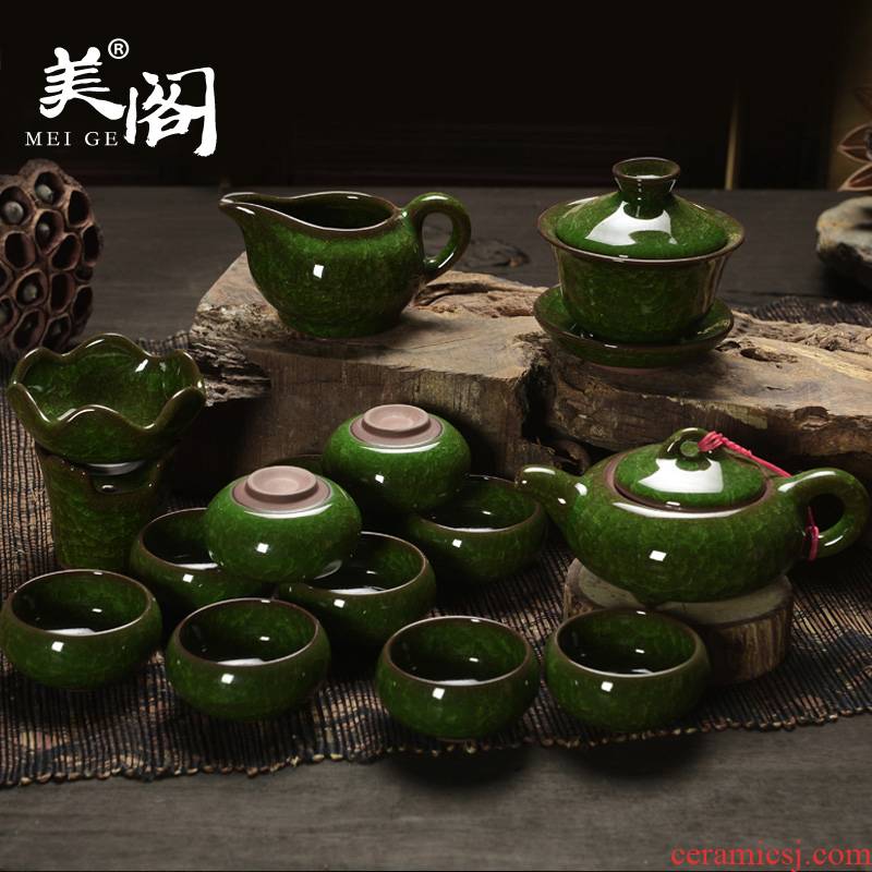 Beauty cabinet ice crack glaze kung fu tea set home to open the slice of a complete set of tea cups tureen ceramic POTS malachite green