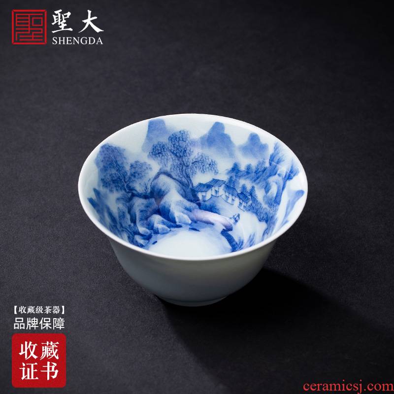 The big pure hand - made ceramic kung fu tea cups maintain jingdezhen blue and white painting of landscape master cup sample tea cup tea set