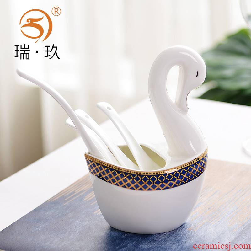 Creative household ipads porcelain swan spoon cage ipads China porcelain spoon the receive tableware receive a case table is placed in a cage