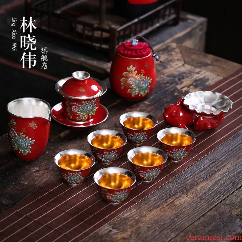 Coppering. As silver tea set household kung fu tea set 999 sterling silver, ceramic tea cups lid bowl of a complete set of gift boxes