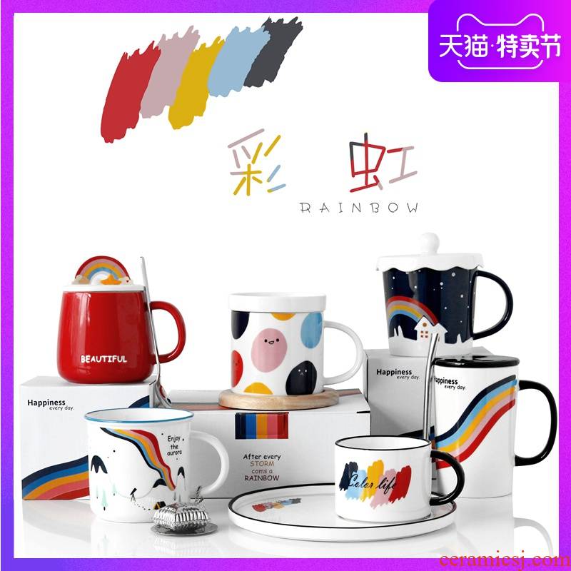 Contracted office ceramic cups with cover teaspoons of creative fashion men and women mugs household glass high - capacity to move