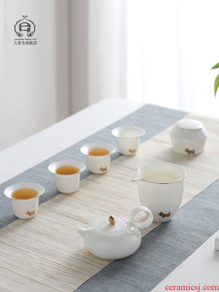 DH jingdezhen tea sets kung fu tea set household contracted jade teapot small ceramic cups white porcelain tureen travel