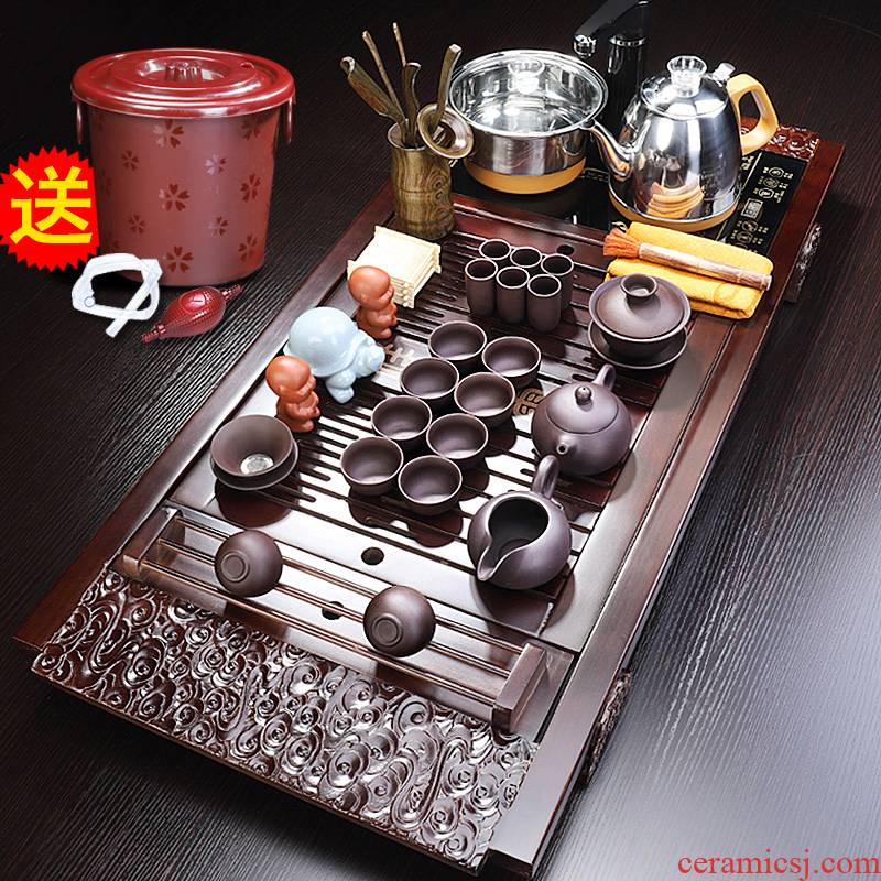 Tang Feng home office violet arenaceous kung fu tea set solid wood tea tray automatic ceramic cups tea table