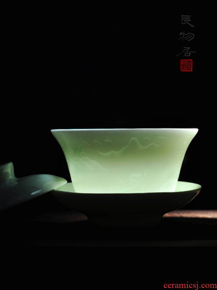 Three only offered home - cooked shadow blue glaze dark moment in landscape tureen lid cup jingdezhen manual stimulation ceramic tea cups