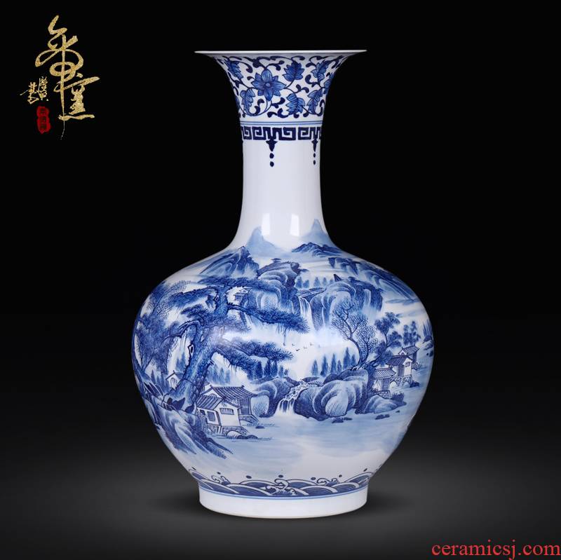Jingdezhen ceramics high Chinese blue and white landscape painting craft vase of large sitting room adornment is placed
