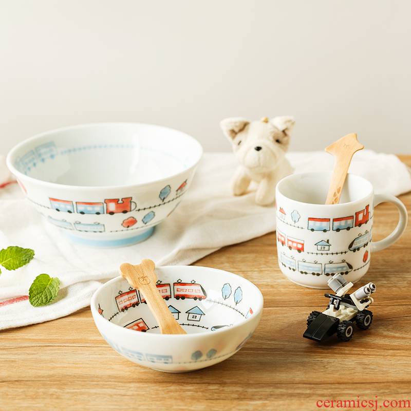 The Children cutlery set Japanese household express cartoon ceramic bowl dish bowl with a glass of milk cup mark cup