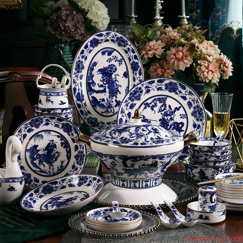 50 heads of guiguzi Chinese eat bowl ipads porcelain bowl chopsticks of a complete set of blue and white porcelain tableware glair dishes suit household