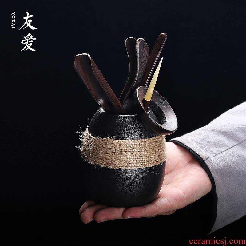 Love and coarse pottery six gentleman 's suit ceramic kung fu tea set with parts Japanese tea taking ChaGa bamboo tea spoon ChaZhen