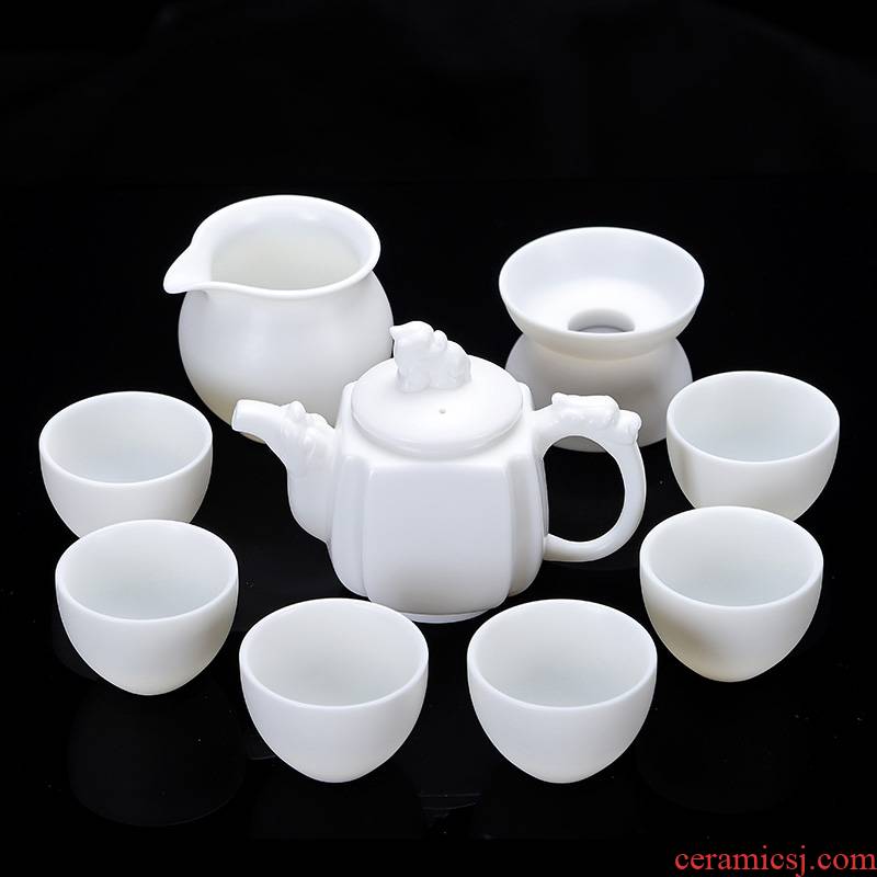 A complete set of ceramic kung fu tea set household dehua white porcelain suet jade porcelain tea set the teapot teacup GaiWanCha sea