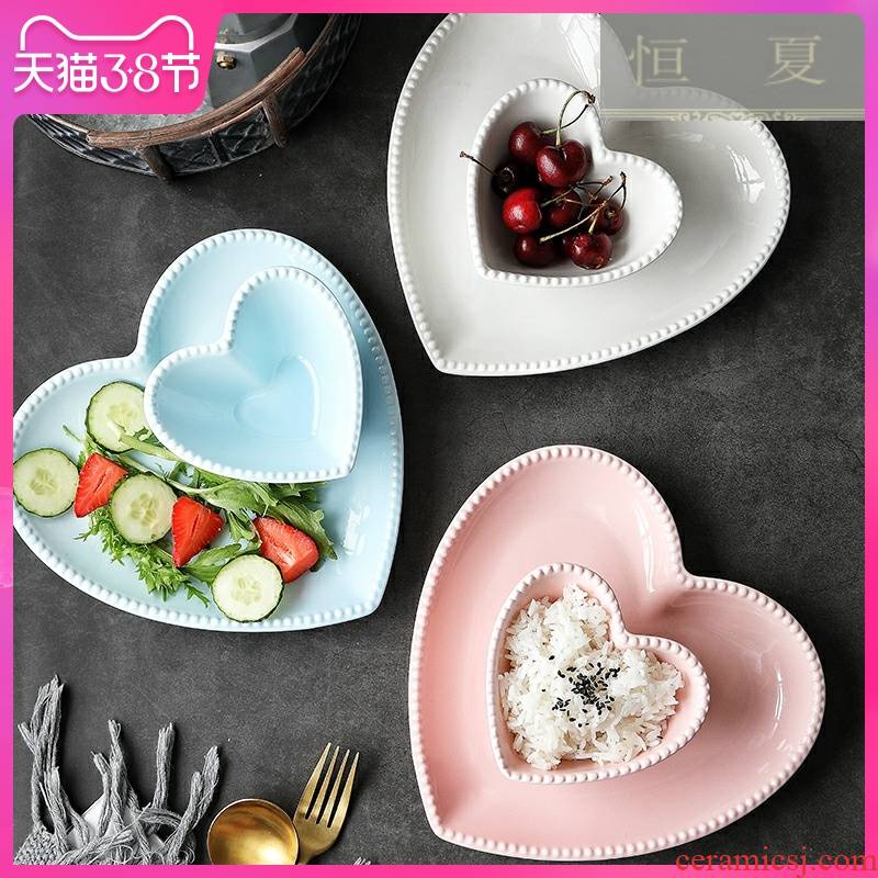 Ceramic heart - shaped plate creative dessert plate, lovely red net dish dish home fruit snacks breakfast tray