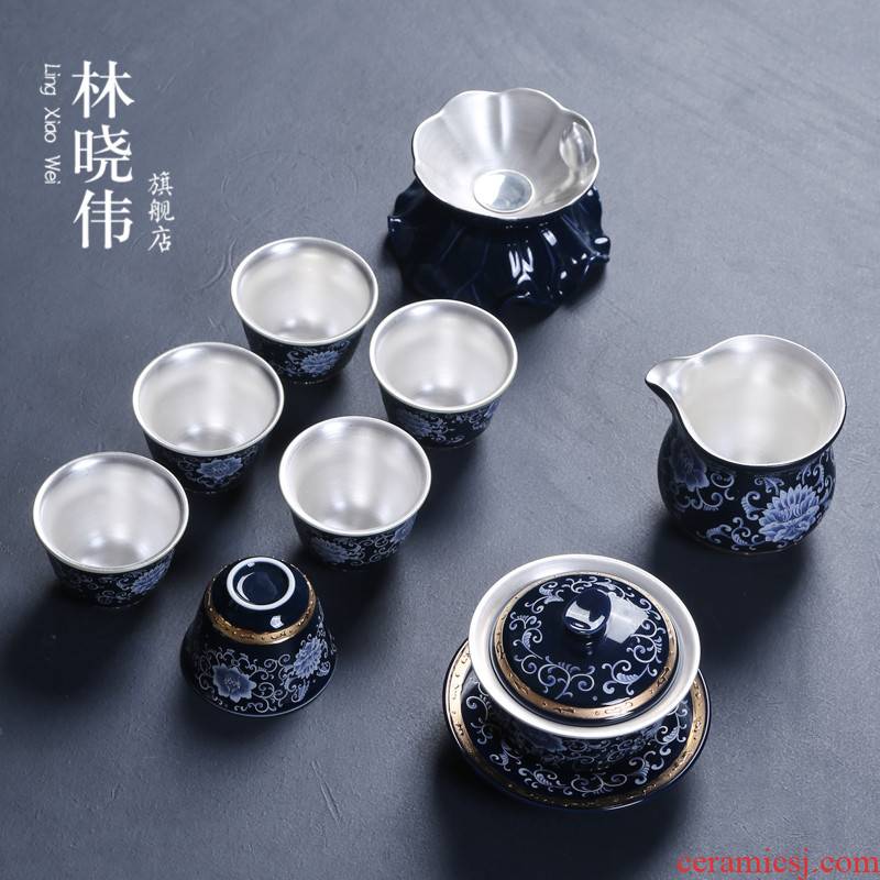 Jingdezhen ceramic coppering. As silver tea set sterling silver 999 kung fu tea cups tea POTS of a complete set of the home office