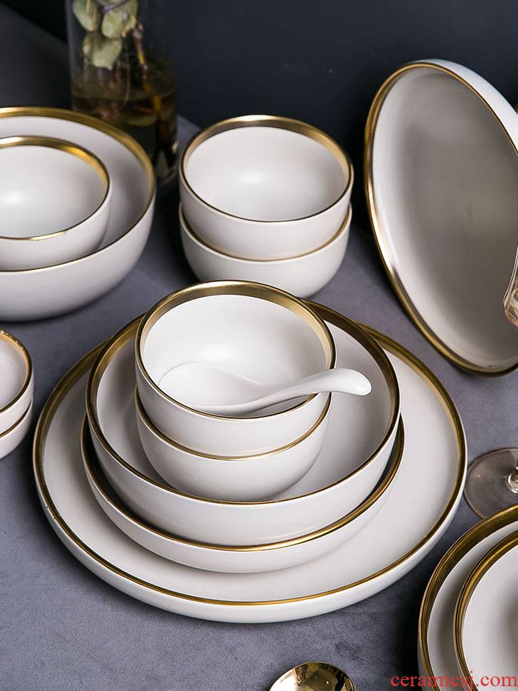Creative dishes suit household Nordic breeze light key-2 luxury ceramic bowl chopsticks single Japanese bowl dish ins exquisite tableware