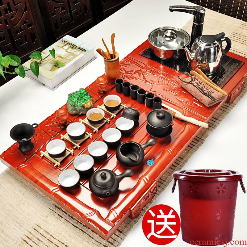 Hui, make tea set tea service of a complete set of violet arenaceous kung fu tea set four unity induction cooker solid wood tea tray