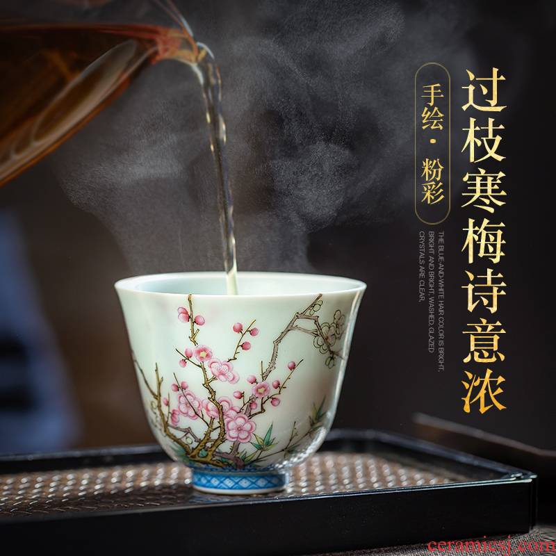 Jingdezhen ceramic sample tea cup tea once hand - made pastel wall name plum flower flora CPU master cup single CPU kung fu tea cups