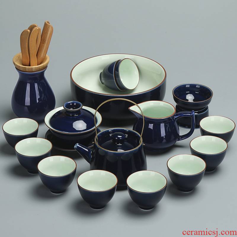 Ji blue glaze home office celadon lid bowl cups sea kung fu tea set a complete set of modern ceramic tea set