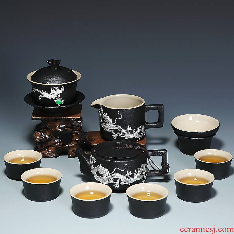 Black pottery home tea sets tureen teapot teacup ceramic teapot side put the pot of kung fu tea tasted silver gilding tea set