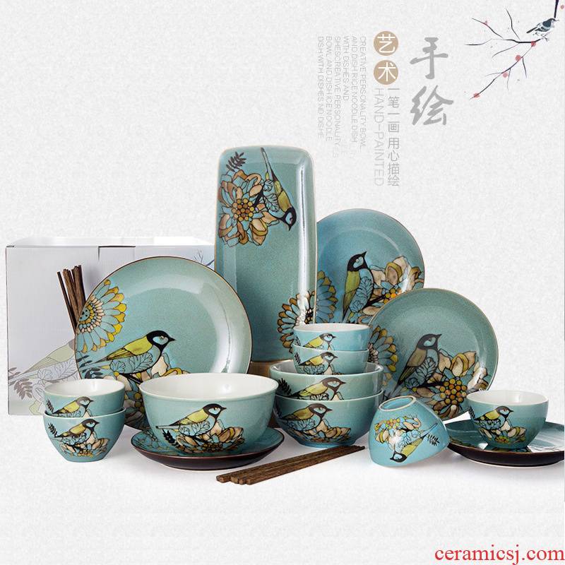 Six people eat hand - made ceramic tableware suit creative move of Chinese style household bowl dishes chopsticks wedding gift box of tableware