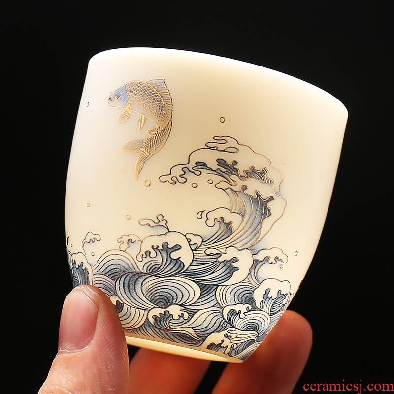 Suet jade master cup single cup tea gold, kung fu tea set ceramic bowl with hand - made sample tea cup white porcelain cups