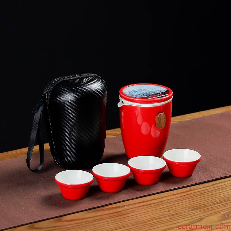 Mud seal travel tea set suit portable bag in a pot of four cups of ceramic teapot is suing tourism Japanese custom