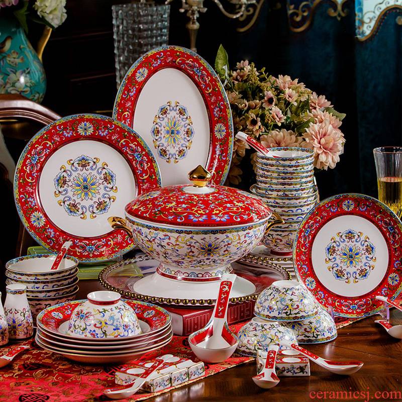 Dishes suit household colored enamel European - style originality ipads porcelain tableware Dishes gift boxes to send gift set move