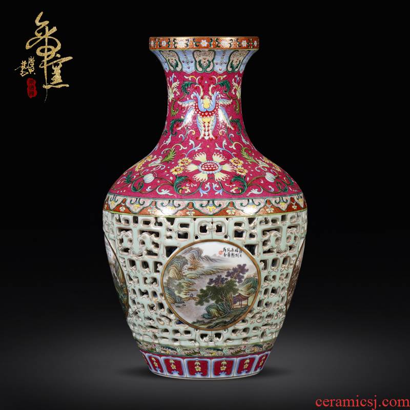 Imitation the qing qianlong emperor up jingdezhen ceramics colored enamel paint hollow - out medallion landscape pattern bottles of the sitting room is placed