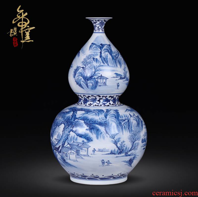 Jingdezhen blue and white landscape hand - made ceramics archaize gourd bottle of flower arrangement of Chinese style household adornment furnishing articles