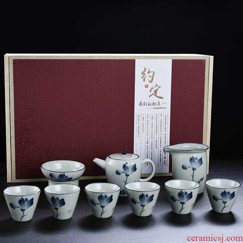 Old & hand - made porcelain antique kung fu tea sets a complete set of ceramic tea cup lid to use household gift box
