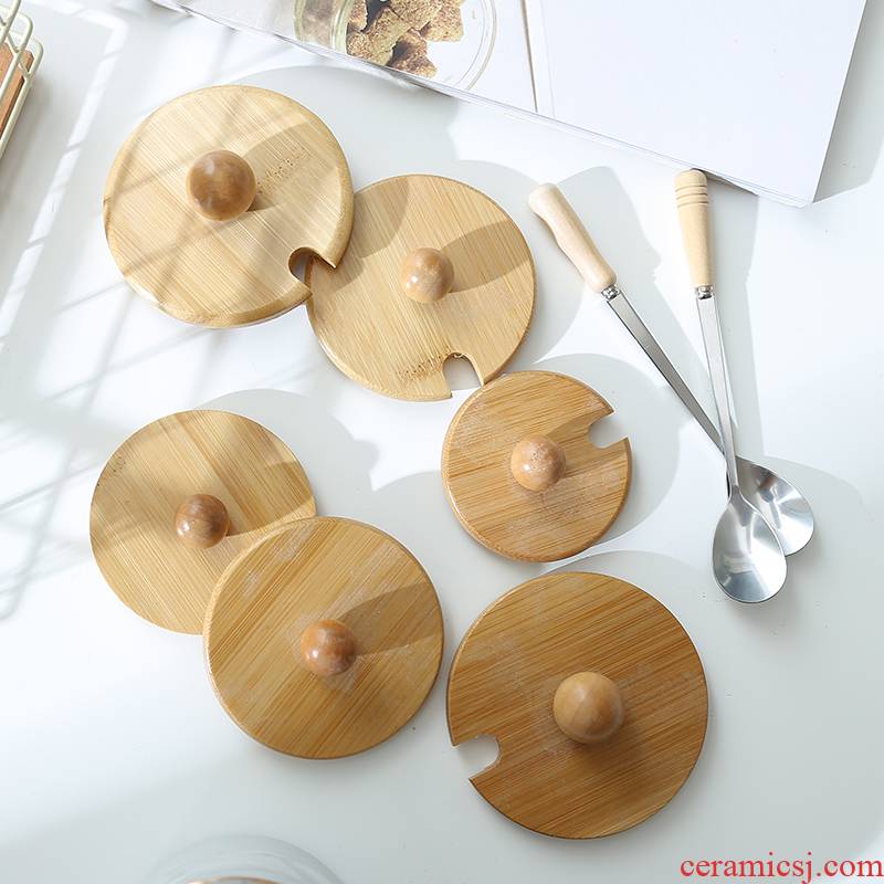 Circular gm with top ceramic glass lid cup lid wooden spoons solid stainless steel spoon handle