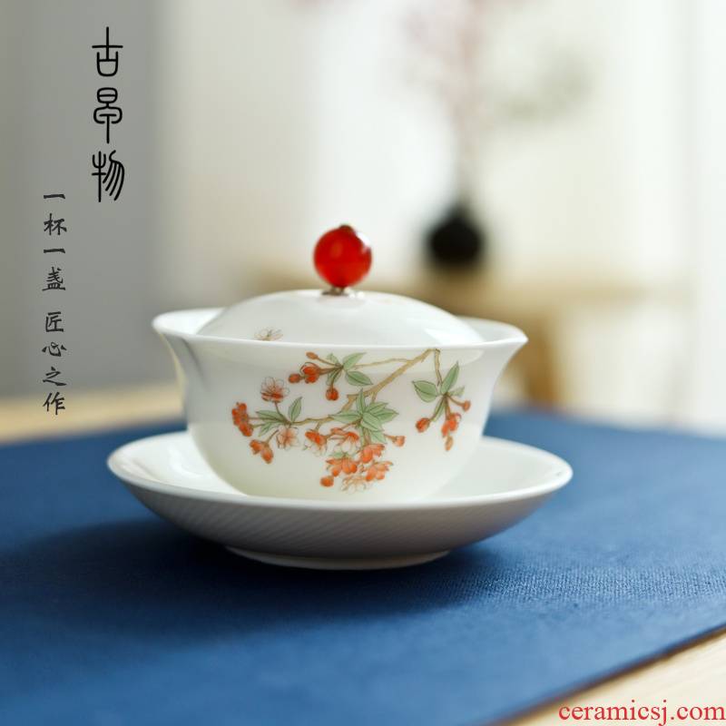 Dehua suet jade white porcelain tureen checking household kung fu tea set ceramic cups three bowl teapot