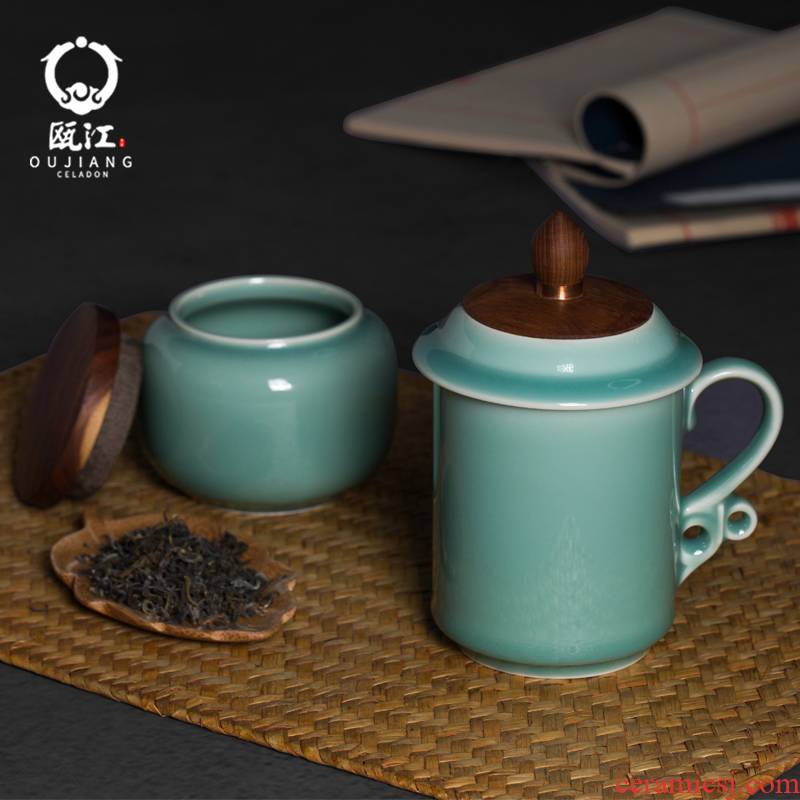 Oujiang longquan celadon teacup added caddy fixings cup combination of creative household ceramics working meeting of a gift gift boxes