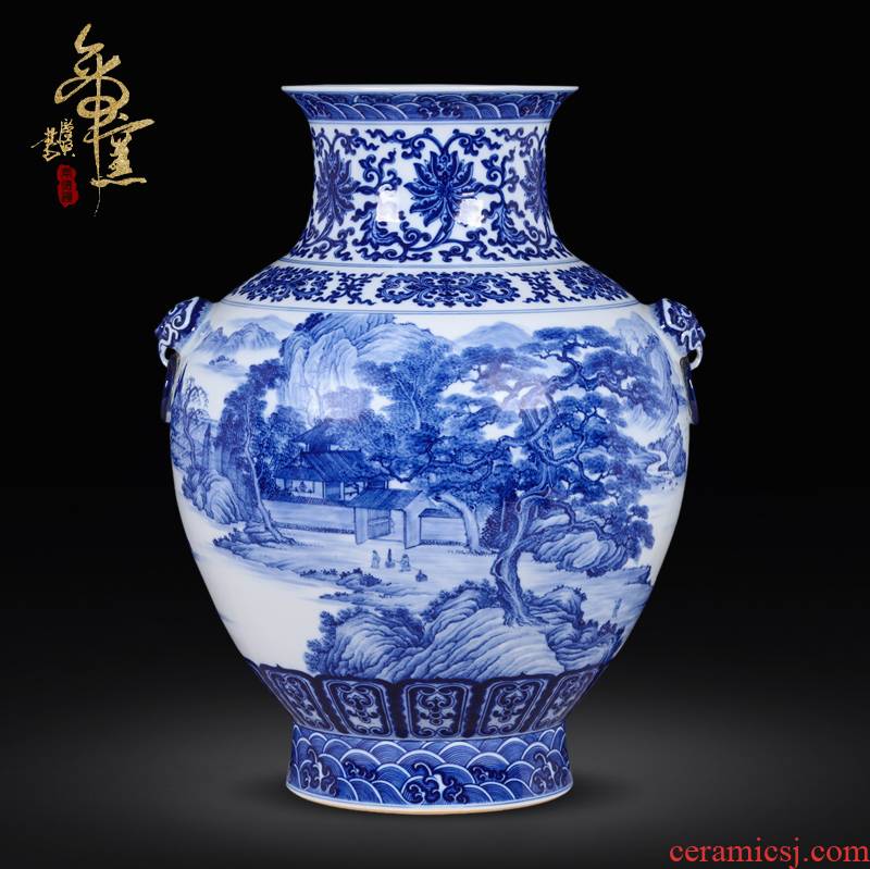 Jingdezhen ceramic antique hand - made lion ear canister vases, flower arranging new Chinese style living room home furnishing articles