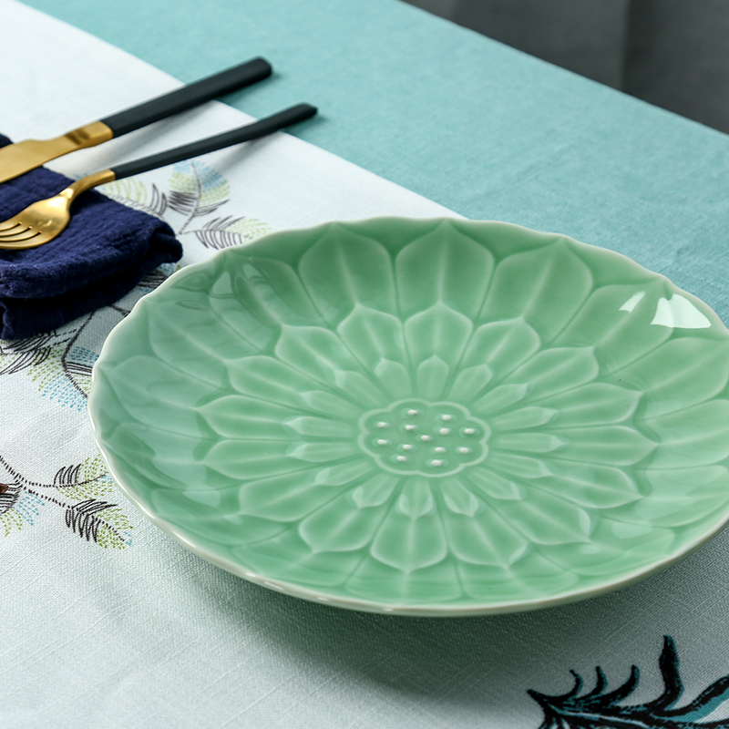 Longquan celadon dish creative plates of household ceramics microwave plate now rising food dish steak dinner plate