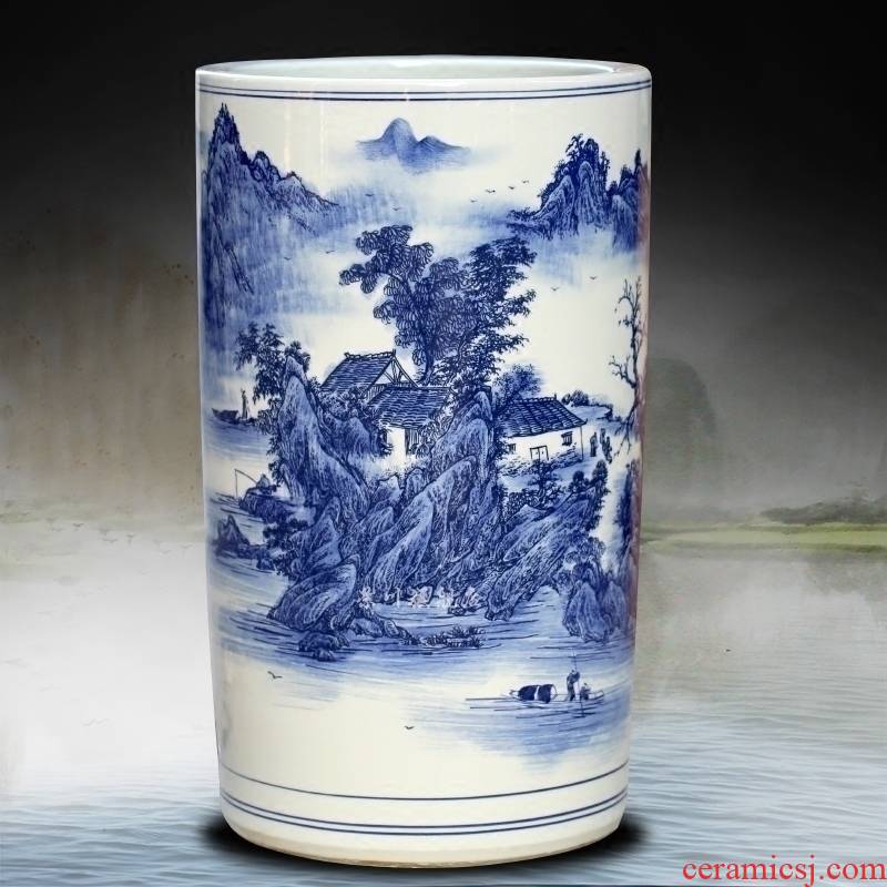 Blue and white porcelain of jingdezhen ceramics and floor quiver calligraphy and painting cylinder barrel sitting room place study of calligraphy and painting decoration
