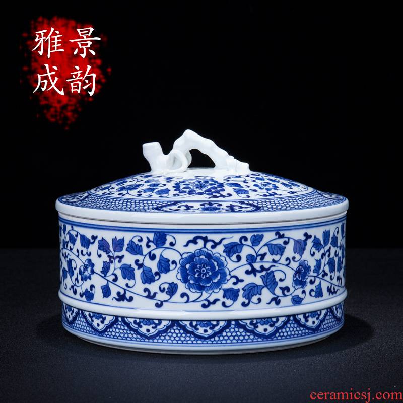 Blue and white porcelain of jingdezhen ceramics bound lotus flower storage tank large household caddy fixings POTS decoration furnishing articles
