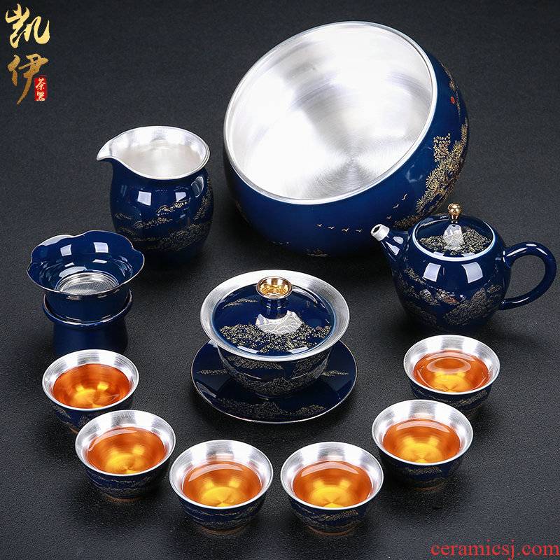 999 silver mine loader jinshan ji blue blue kung fu tea set office suit household ceramics suit see colour tea cup