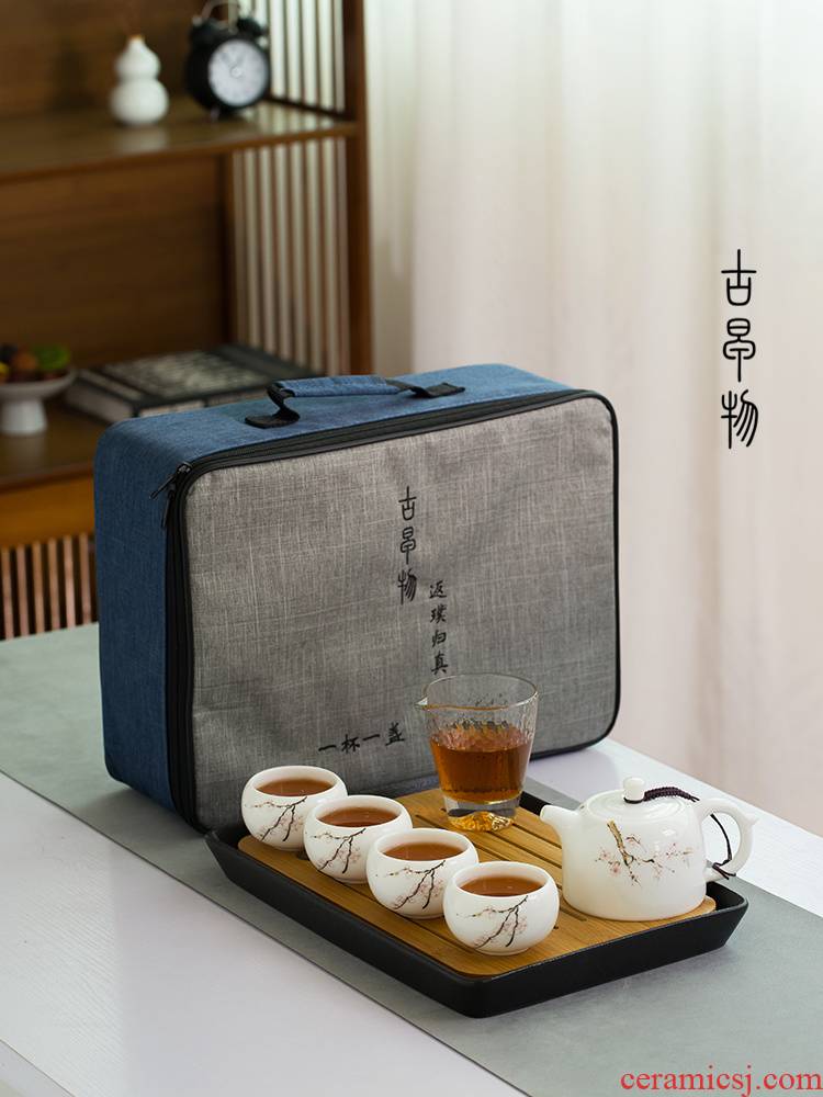Suet jade white porcelain portable travel tea set is suing office kung fu tea set suit household glass ceramic teapot tea tray