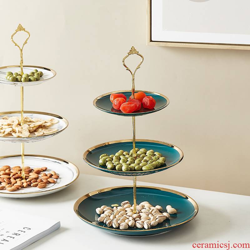 Ceramic fruit bowl European - style Jin Biansan snack plate household key-2 luxury multilayer pastry disc sitting room creative cake plate