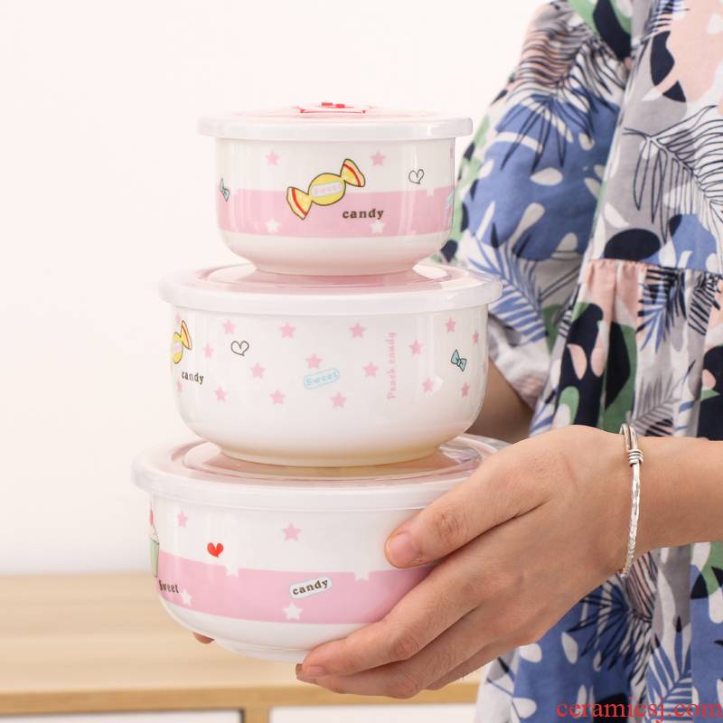 Ceramic bowl suit to the microwave special lovely with cover home lunch box instant noodles bowl chopsticks girl students