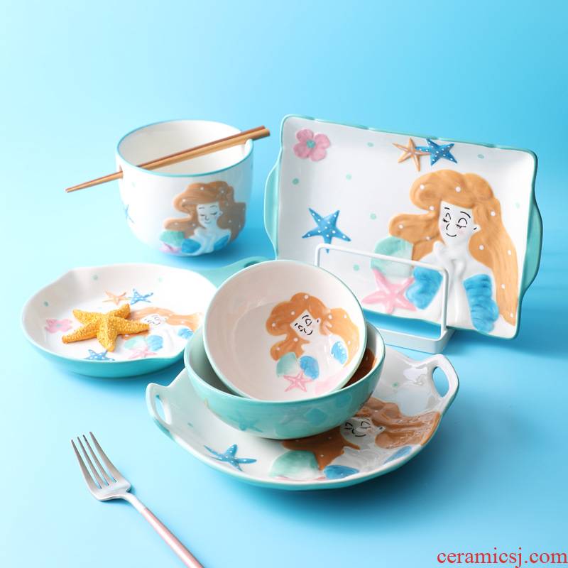 Love miss mermaid graces hand - made style design cartoon under glaze color porcelain tableware breakfast dishes