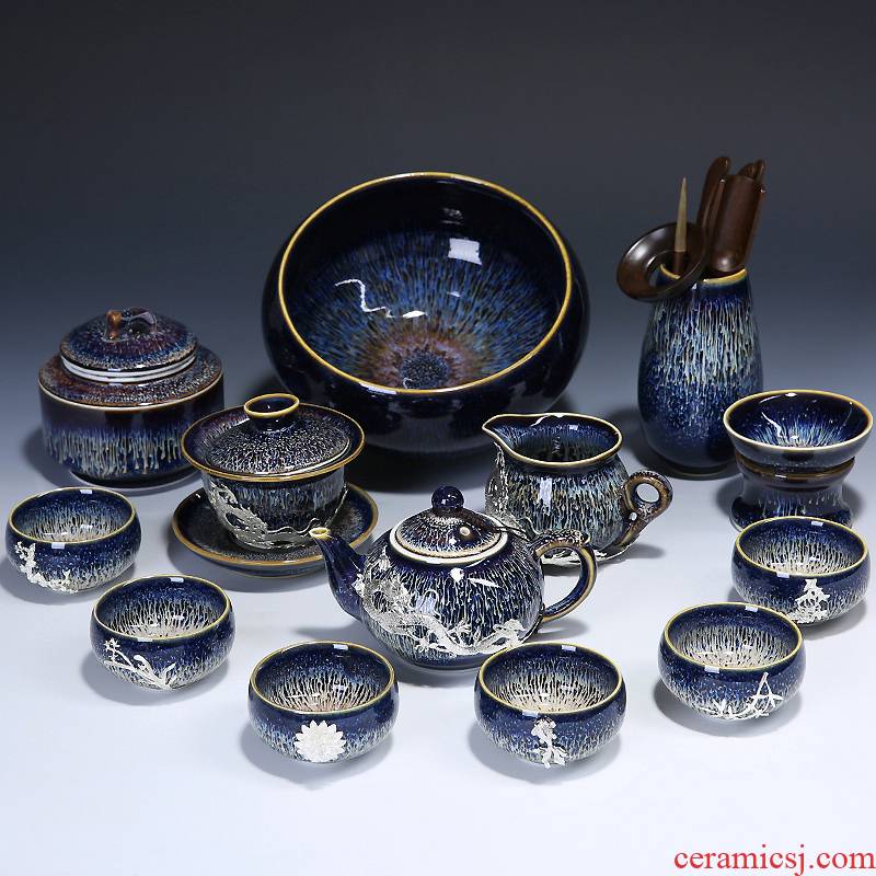 Kung fu tea set suit household up coppering. As silver red glaze, a complete set of Chinese ceramic cup lid bowl masterpieces