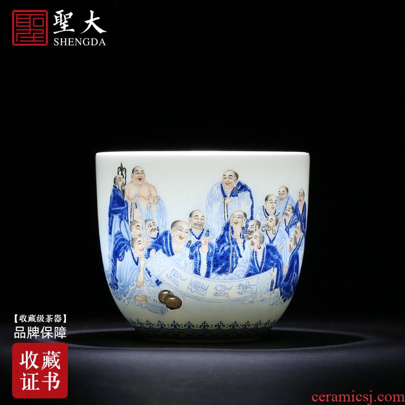 Holy big ceramic curios kung fu tea sample tea cup heavy blue color 18 arhats cup of jingdezhen tea service master